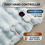 LED hand controller on the faux fur throw showing adjustable heat levels and 1-8 hour auto-off timer settings