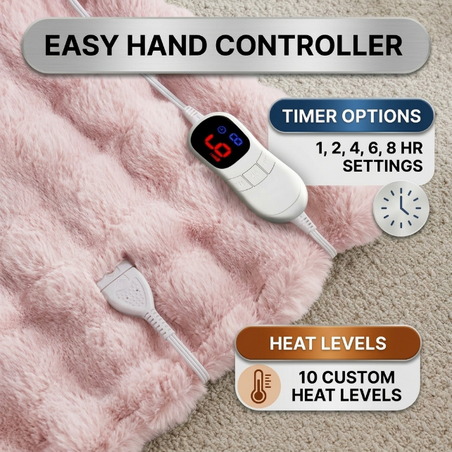 LED hand controller on the faux fur throw showing adjustable heat levels and 1-8 hour auto-off timer settings