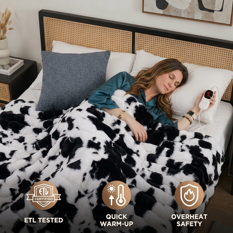 Woman in bed holding the heated blanket's controller next to a color-variance disclaimer and fabric swatch samples