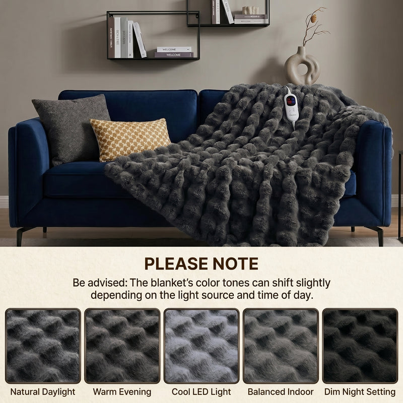 Woman in bed holding the heated blanket's controller next to a color-variance disclaimer and fabric swatch samples