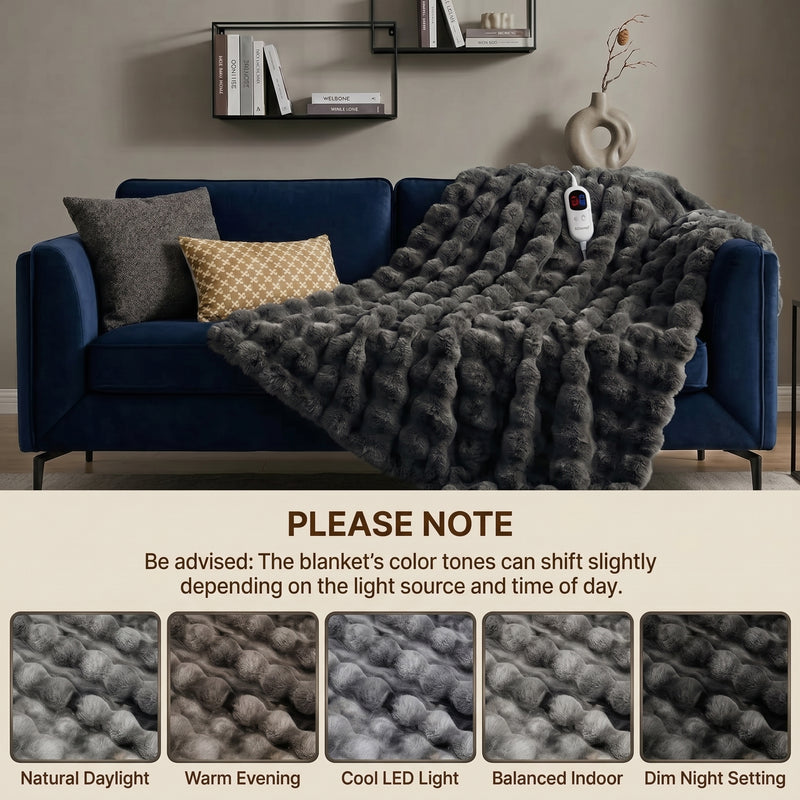 Woman in bed holding the heated blanket's controller next to a color-variance disclaimer and fabric swatch samples