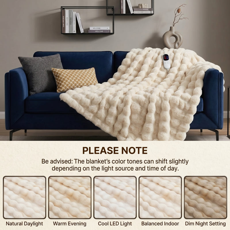 Woman in bed holding the heated blanket's controller next to a color-variance disclaimer and fabric swatch samples