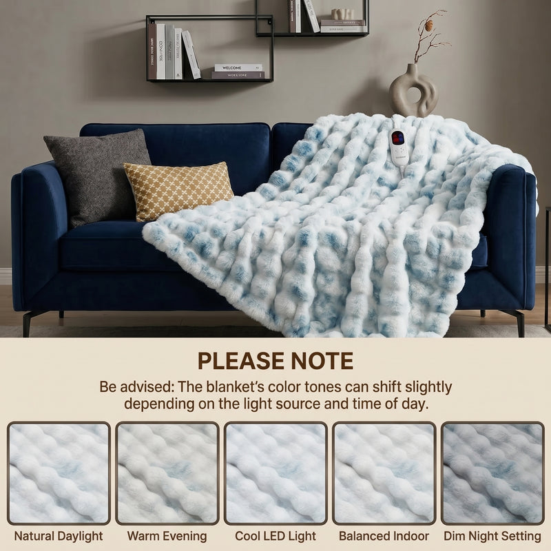 Woman in bed holding the heated blanket's controller next to a color-variance disclaimer and fabric swatch samples
