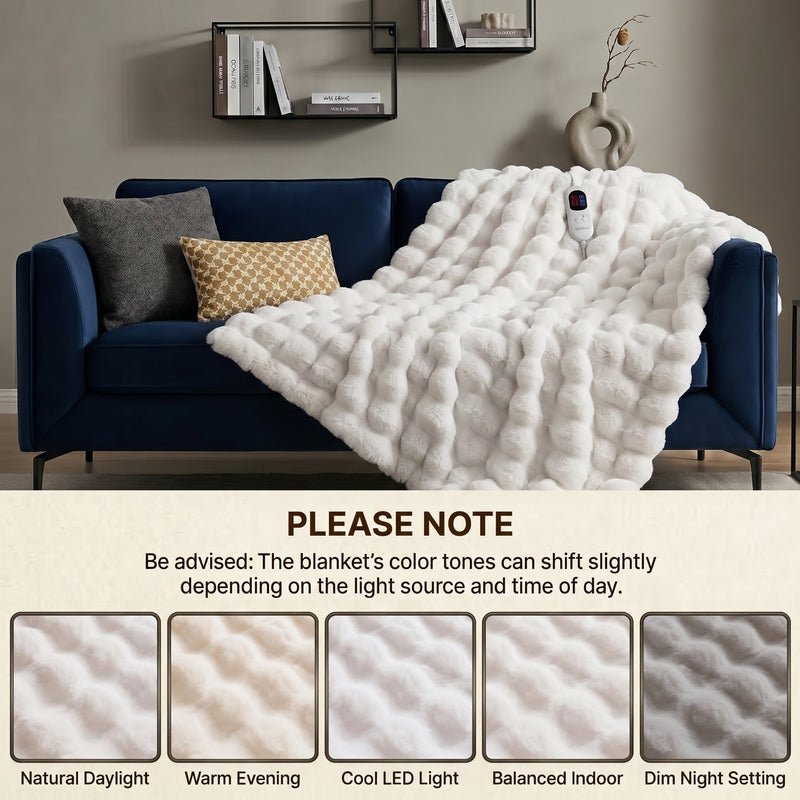 Woman in bed holding the heated blanket's controller next to a color-variance disclaimer and fabric swatch samples