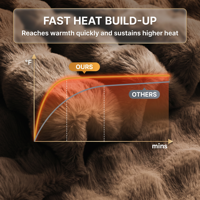 Heat-up speed comparison graphic showing this heated blanket reaching warmth faster than a standard throw