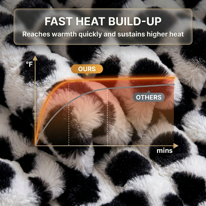 Heat-up speed comparison graphic showing this heated blanket reaching warmth faster than a standard throw