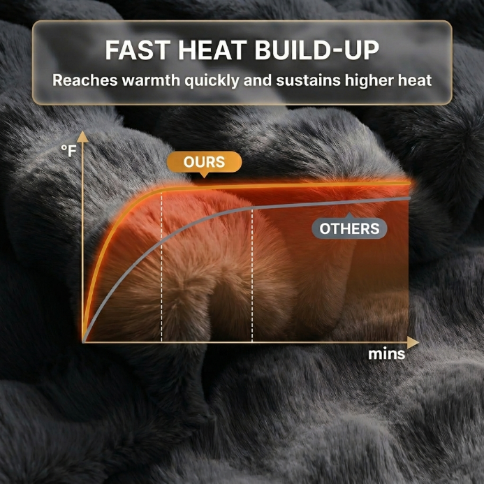 Heat-up speed comparison graphic showing this heated blanket reaching warmth faster than a standard throw