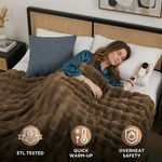 Woman sleeping in bed wrapped in the white heated throw with ETL tested, quick warm-up, and overheat safety icons