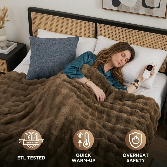 Woman sleeping in bed wrapped in the white heated throw with ETL tested, quick warm-up, and overheat safety icons