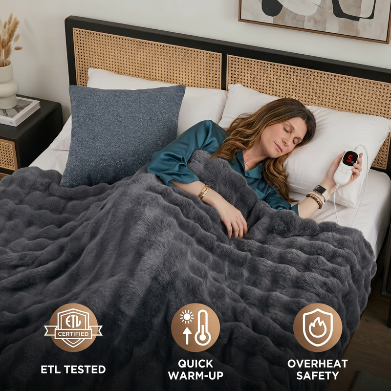 Woman sleeping in bed wrapped in the white heated throw with ETL tested, quick warm-up, and overheat safety icons