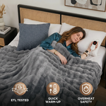 Woman sleeping in bed wrapped in the white heated throw with ETL tested, quick warm-up, and overheat safety icons