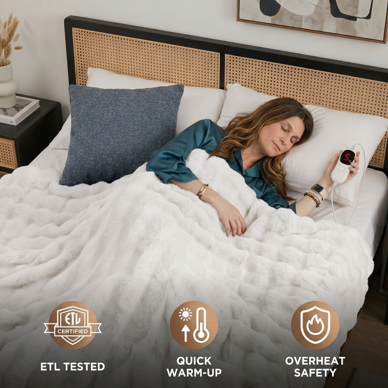 Woman sleeping in bed wrapped in the white heated throw with ETL tested, quick warm-up, and overheat safety icons