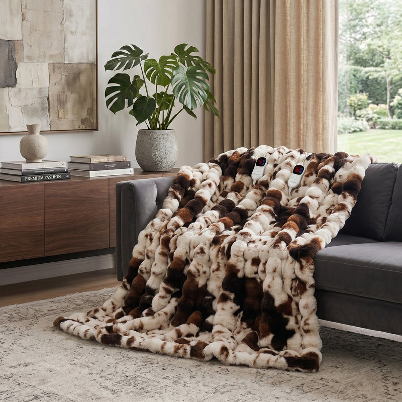 White faux rabbit fur heated blanket with bubble texture draped over a grey sofa in a modern living room
