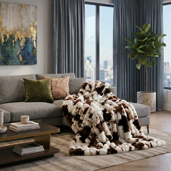 White faux rabbit fur heated blanket with bubble texture draped over a grey sofa in a modern living room