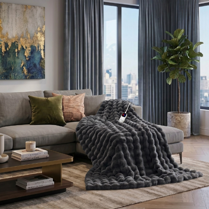 White faux rabbit fur heated blanket with bubble texture draped over a grey sofa in a modern living room