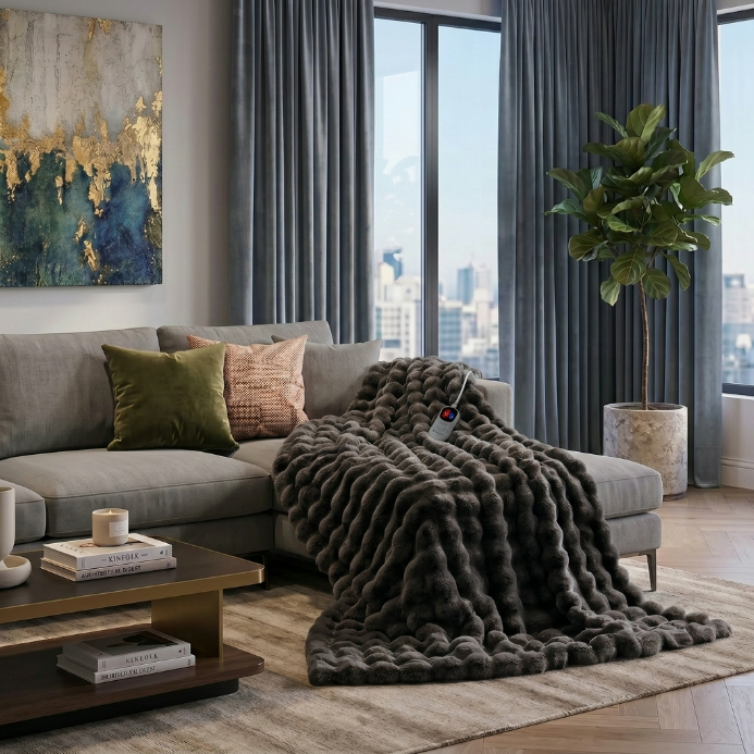 White faux rabbit fur heated blanket with bubble texture draped over a grey sofa in a modern living room