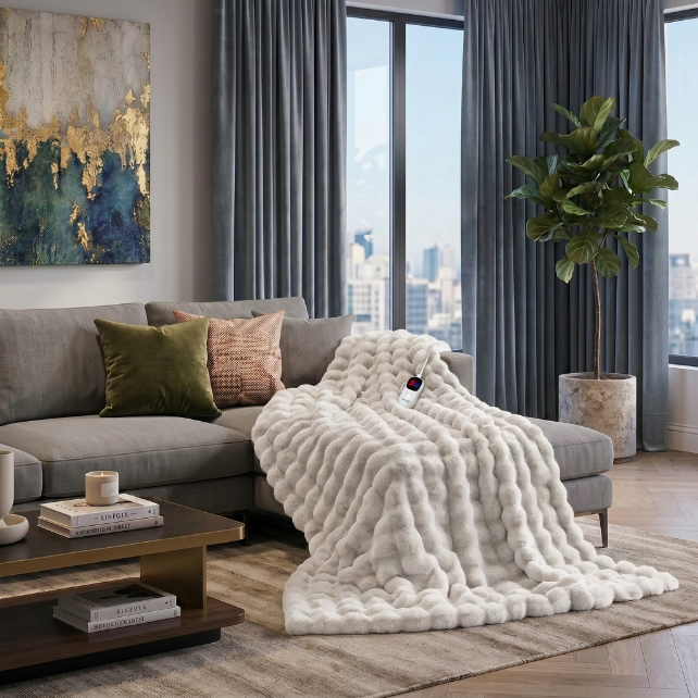 White faux rabbit fur heated blanket with bubble texture draped over a grey sofa in a modern living room