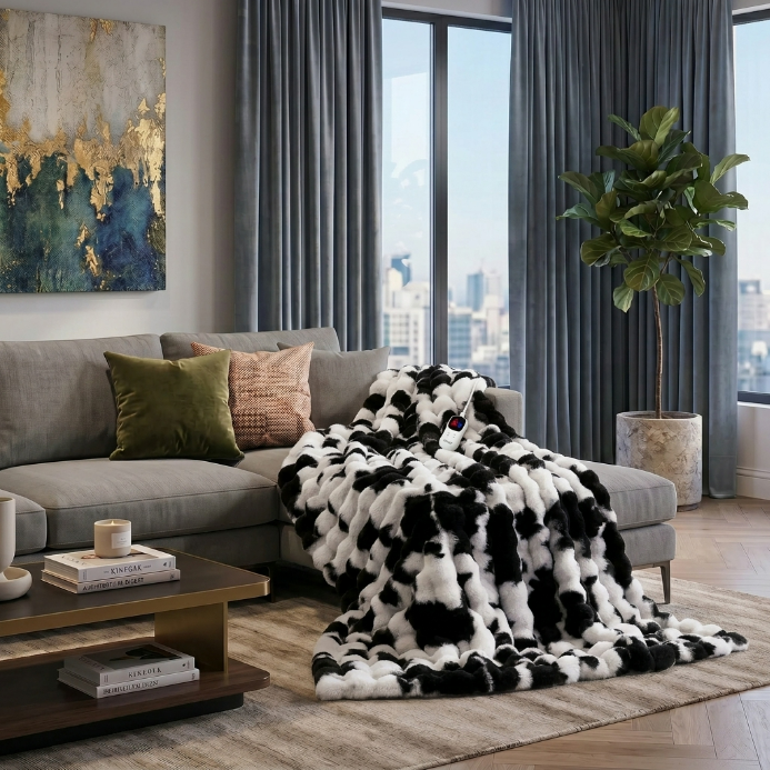 White faux rabbit fur heated blanket with bubble texture draped over a grey sofa in a modern living room