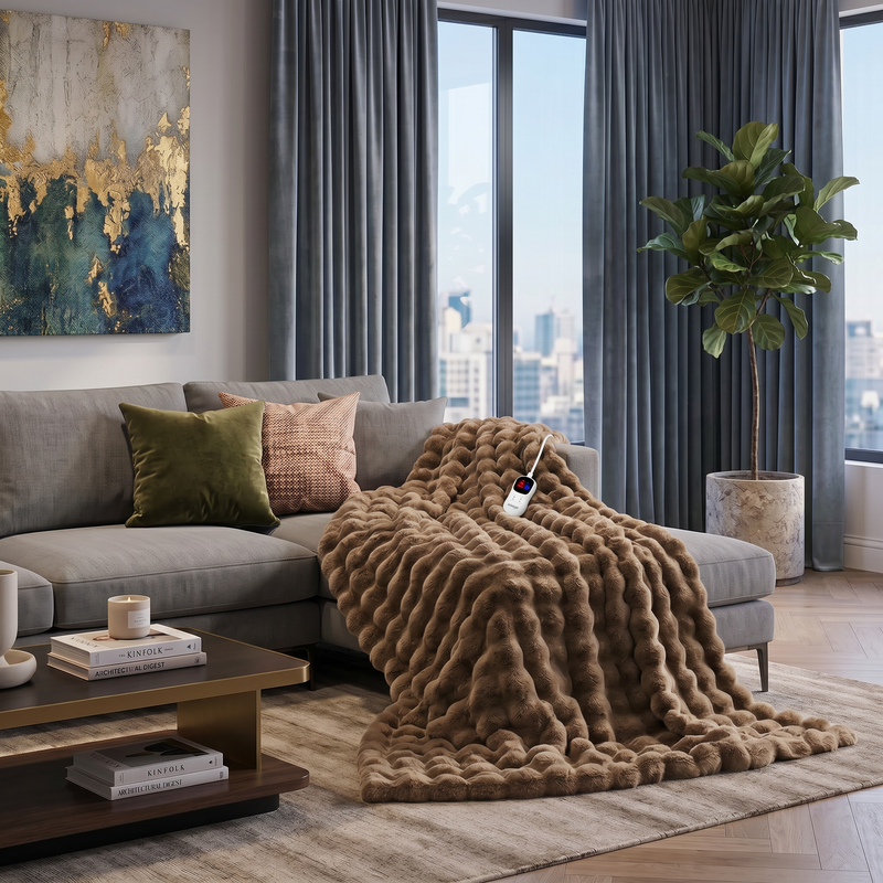 White faux rabbit fur heated blanket with bubble texture draped over a grey sofa in a modern living room