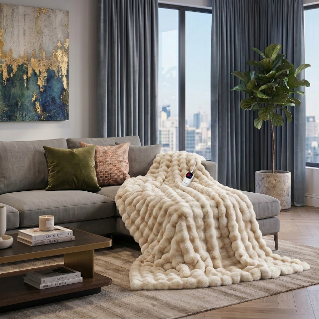 White faux rabbit fur heated blanket with bubble texture draped over a grey sofa in a modern living room