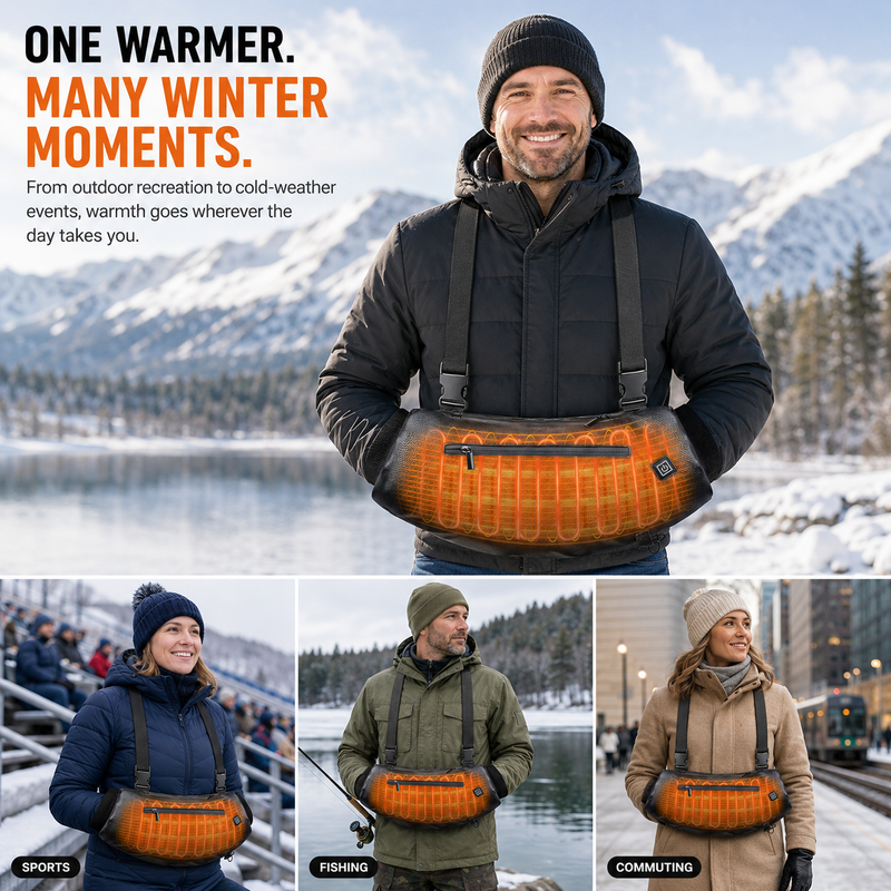 Group of friends outdoors in winter with one wearing a heated hand warmer pouch