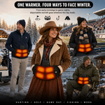 Group of friends outdoors in winter with one wearing a heated hand warmer pouch