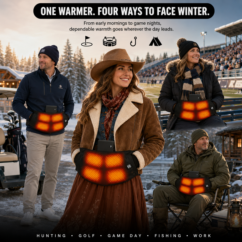 Group of friends outdoors in winter with one wearing a heated hand warmer pouch