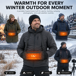 Group of friends outdoors in winter with one wearing a heated hand warmer pouch