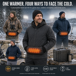 Group of friends outdoors in winter with one wearing a heated hand warmer pouch