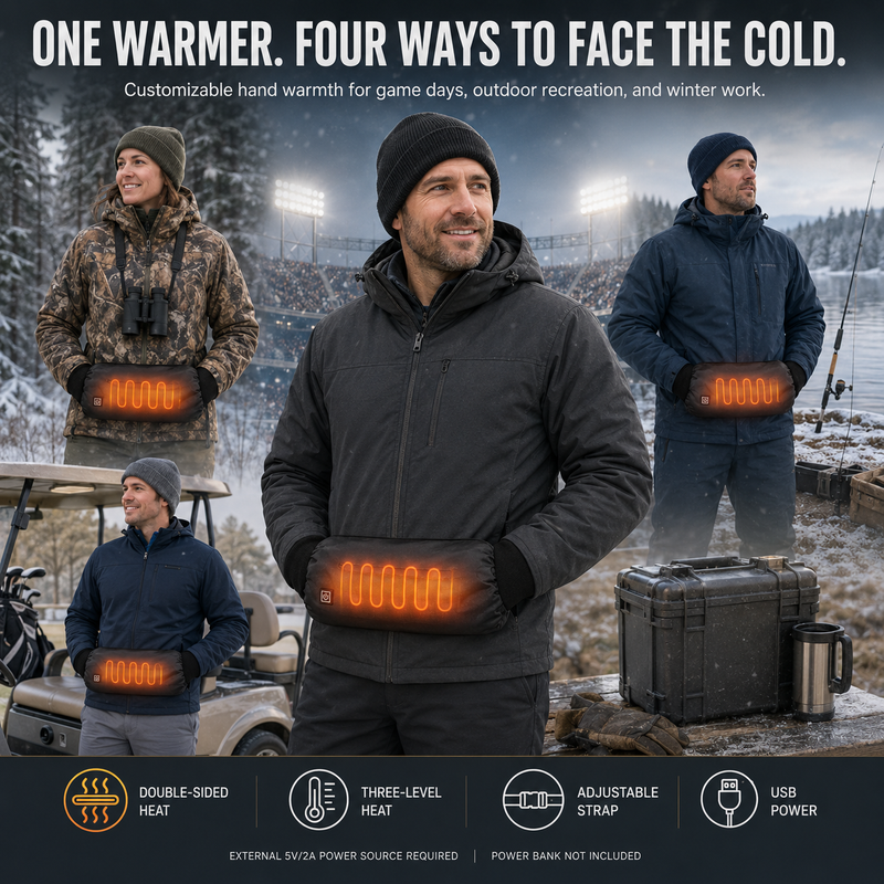 Group of friends outdoors in winter with one wearing a heated hand warmer pouch