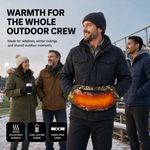 Group of friends outdoors in winter with one wearing a heated hand warmer pouch