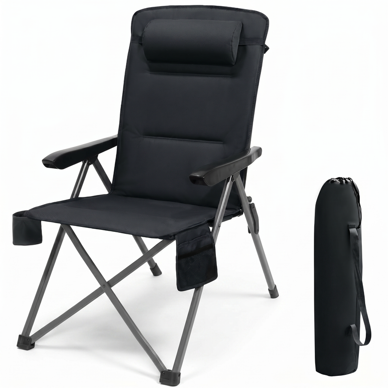 Black oversized folding camping chair with orange trim shown with two rolled carry bags on a white background
