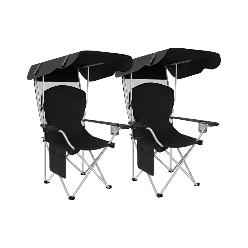 Black oversized folding camping chair with orange trim shown with two rolled carry bags on a white background