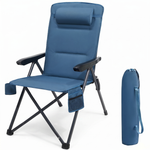 Black oversized folding camping chair with orange trim shown with two rolled carry bags on a white background