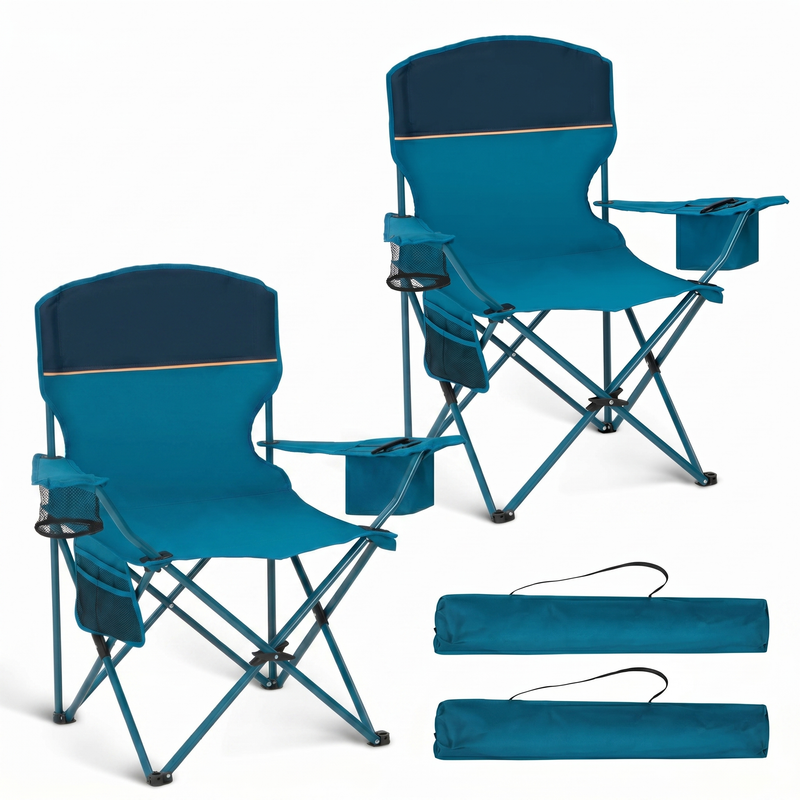 Black oversized folding camping chair with orange trim shown with two rolled carry bags on a white background