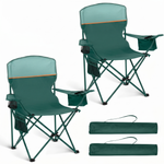 Black oversized folding camping chair with orange trim shown with two rolled carry bags on a white background