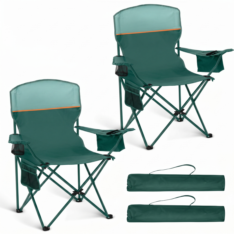 Black oversized folding camping chair with orange trim shown with two rolled carry bags on a white background