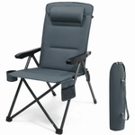 Black oversized folding camping chair with orange trim shown with two rolled carry bags on a white background