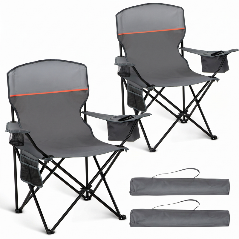 Black oversized folding camping chair with orange trim shown with two rolled carry bags on a white background