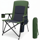 Black oversized folding camping chair with orange trim shown with two rolled carry bags on a white background