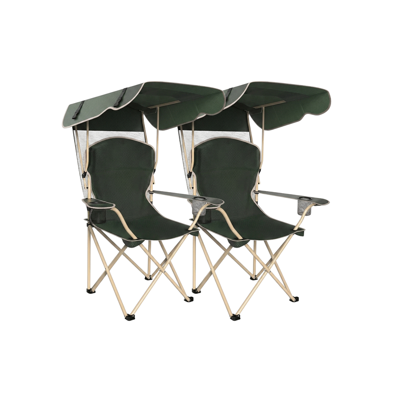 Black oversized folding camping chair with orange trim shown with two rolled carry bags on a white background