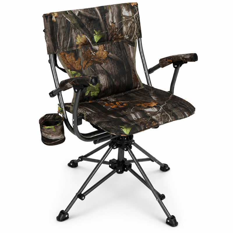 Camo swivel hunting chair with armrests and all-terrain swivel base