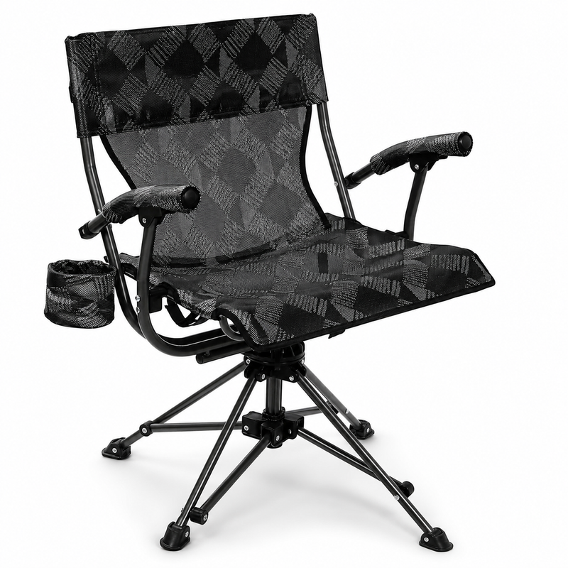 Camo swivel hunting chair with armrests and all-terrain swivel base