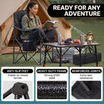 Woman reading in a camping chair at a campsite with anti-slip feet, heavy-duty Q195 steel frame and reinforced joints