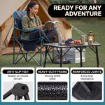 Woman reading in a camping chair at a campsite with anti-slip feet, heavy-duty Q195 steel frame and reinforced joints