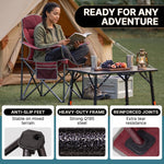 Woman reading in a camping chair at a campsite with anti-slip feet, heavy-duty Q195 steel frame and reinforced joints