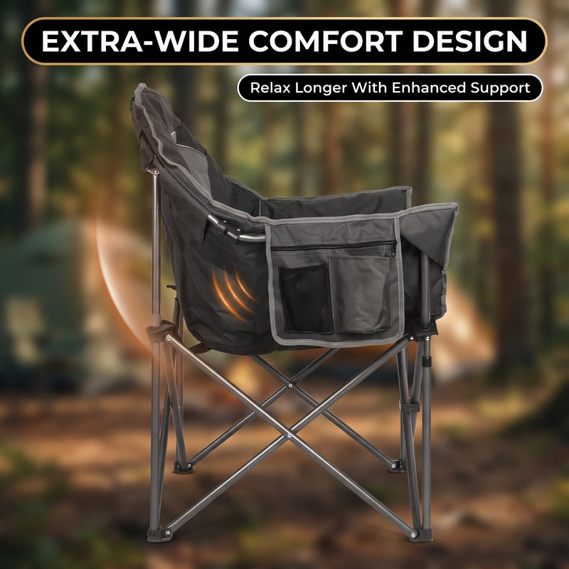 Heavy-duty camping chair with Q195 steel tube frame and 3-layer padded seat and back, rated to 550 lb capacity