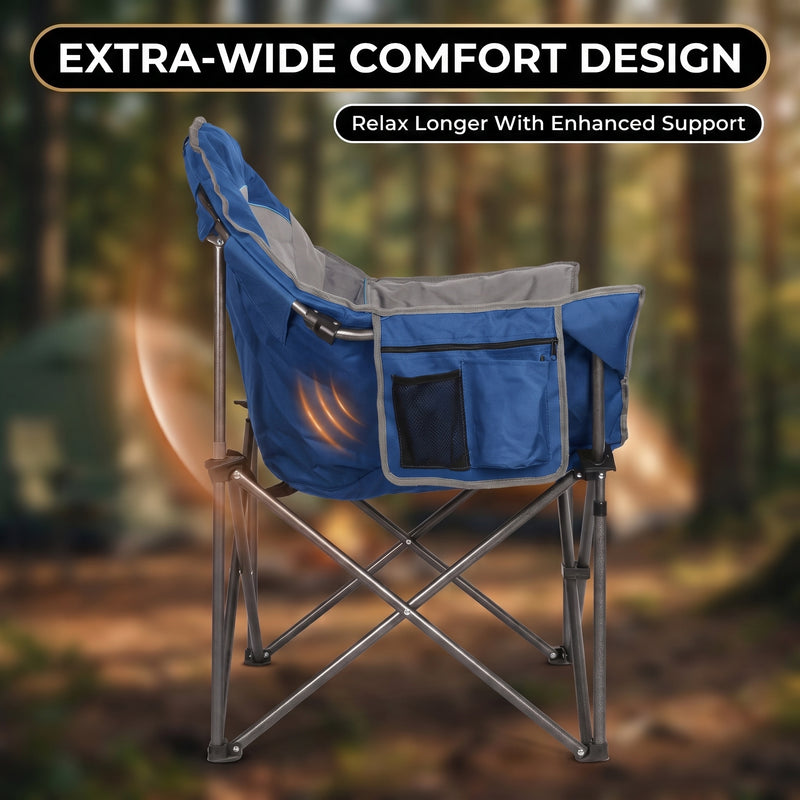 Heavy-duty camping chair with Q195 steel tube frame and 3-layer padded seat and back, rated to 550 lb capacity
