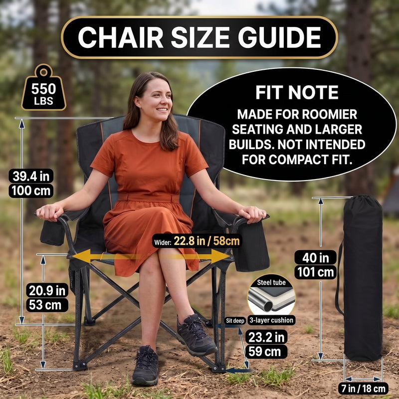 Heavy-duty camping chair with Q195 steel tube frame and 3-layer padded seat and back, rated to 550 lb capacity