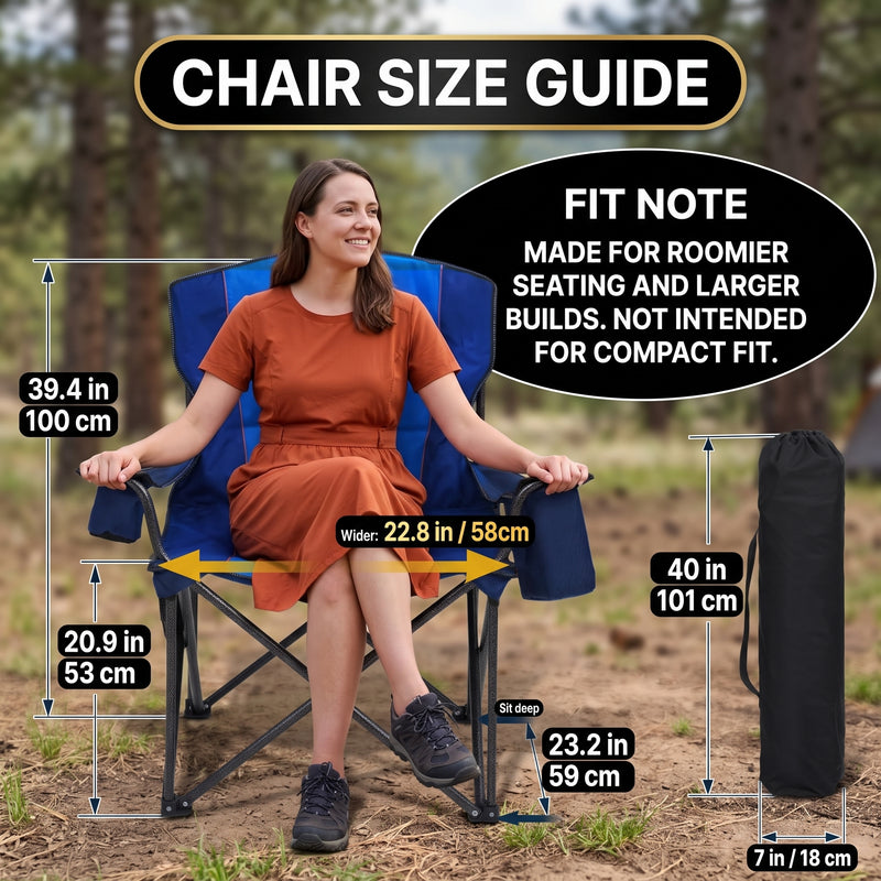 Heavy-duty camping chair with Q195 steel tube frame and 3-layer padded seat and back, rated to 550 lb capacity